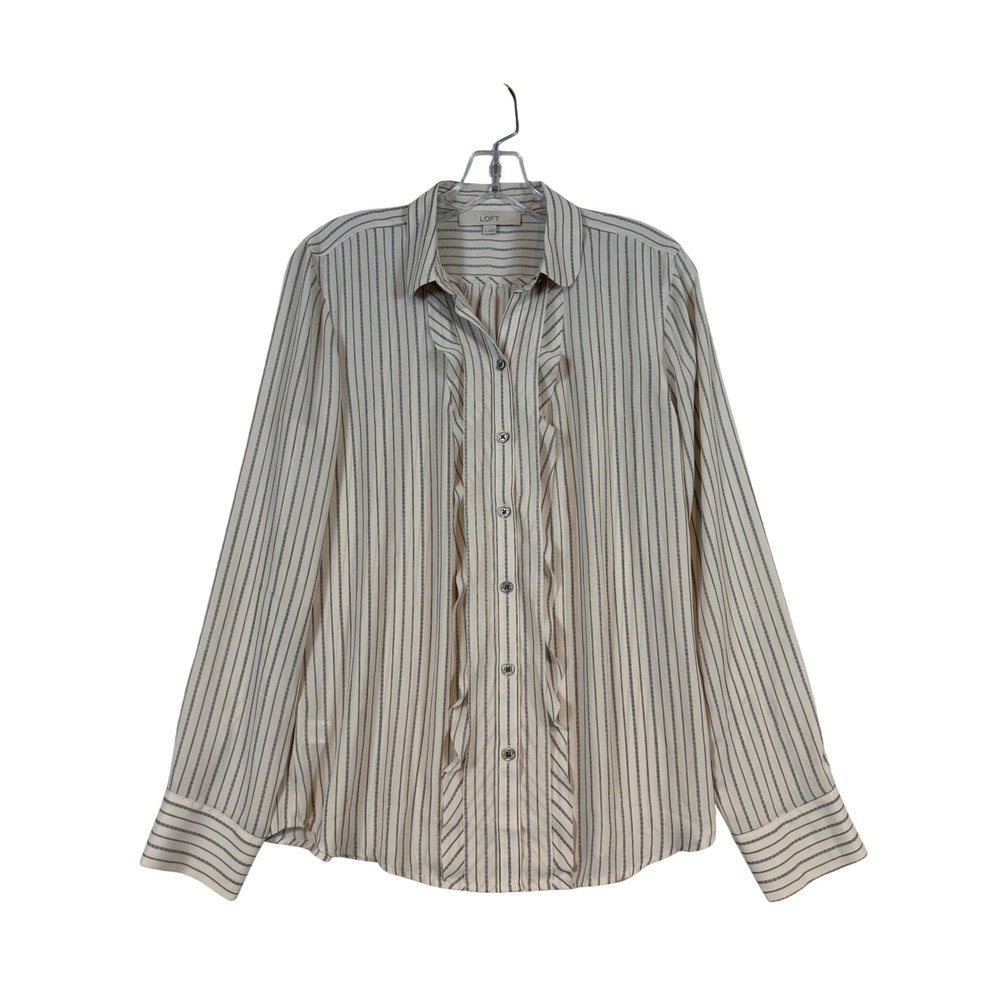 LOFT Womens S Cream Striped Ruffle Front Button Down Blouse Shirt Preppy Classic